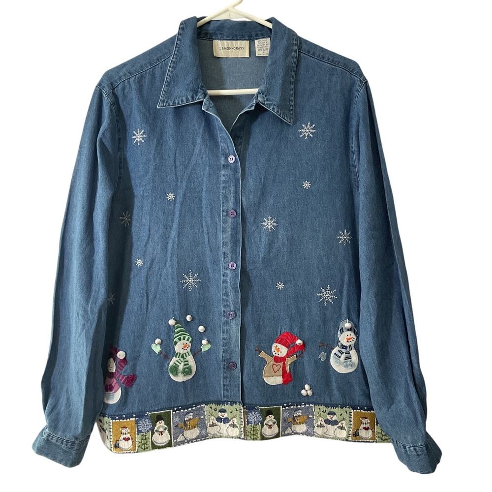 Vintage 90’s Lemon Grass Christmas Denim Shirt Top Snowman Sz Large - Picture 5 of 8